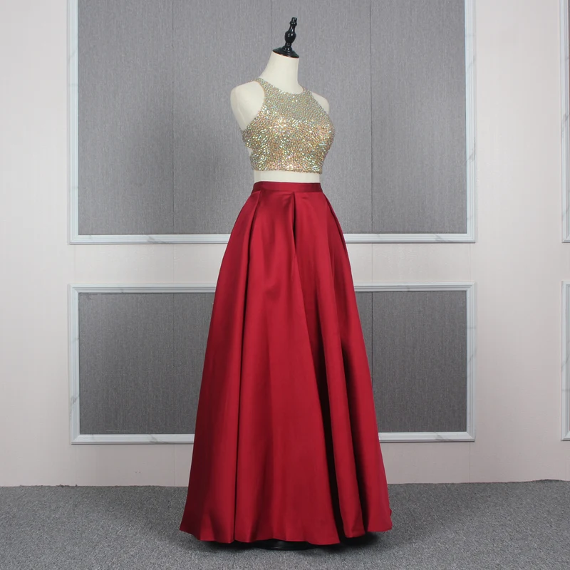 open lace back dress Red Satin Two-Piece Spaghetti Strap Prom Homecoming Dress main image 1