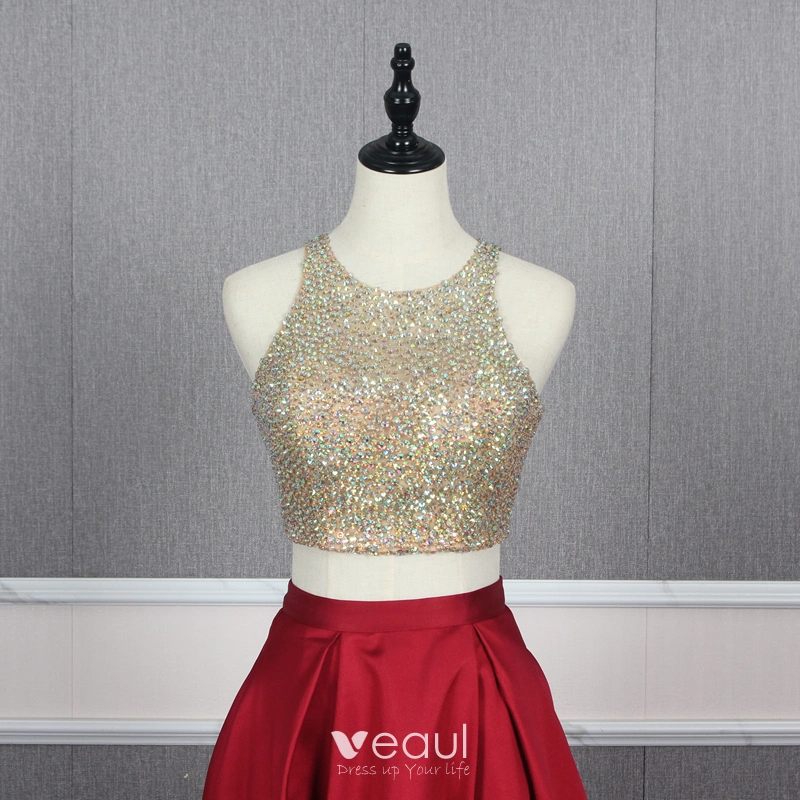 strapless open back dress 2020 Back Two Piece Halter Sparkle Lace-Up Red Long Prom Dress – Sassymyprom