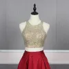 2 Piece Red Gold Satin Evening Dresses  2020 A-Line / Princess Scoop Neck Sleeveless Sequins Beading Floor-Length / Long Ruffle Backless Formal Dresses