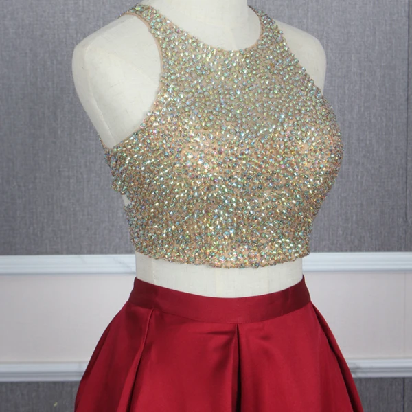 2 Piece Red Gold Satin Evening Dresses  2020 A-Line / Princess Scoop Neck Sleeveless Sequins Beading Floor-Length / Long Ruffle Backless Formal Dresses