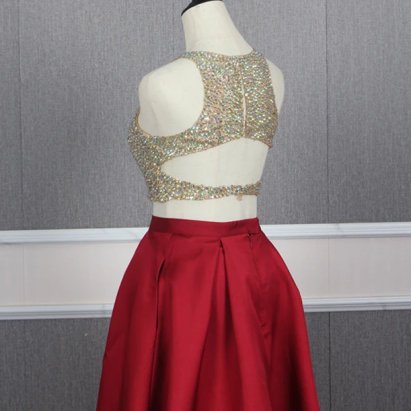 2 Piece Red Gold Satin Evening Dresses  2020 A-Line / Princess Scoop Neck Sleeveless Sequins Beading Floor-Length / Long Ruffle Backless Formal Dresses