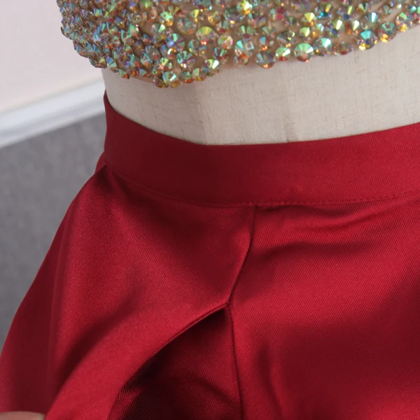 2 Piece Red Gold Satin Evening Dresses  2020 A-Line / Princess Scoop Neck Sleeveless Sequins Beading Floor-Length / Long Ruffle Backless Formal Dresses