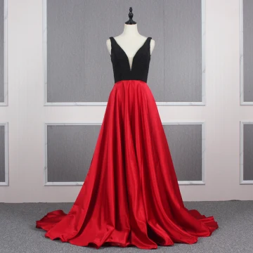 Deux Tons Noire Perlage Rouge Satin Robe De Soirée 2020 Princesse Col V Profond Sans Manches Tribunal Train Volants Dos Nu Robe De Ceremonie