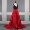 Two Tone Black Beading Red Satin Evening Dresses  2020 A-Line / Princess Deep V-Neck Sleeveless Court Train Ruffle Backless Formal Dresses