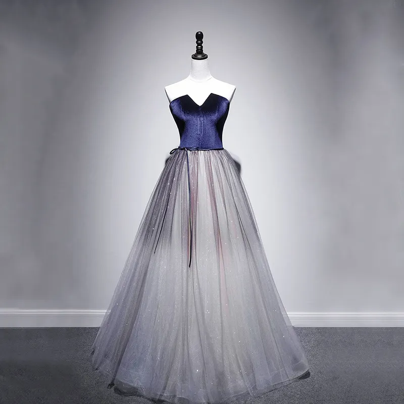 Elegant Kongeblå Suede Selskapskjoler 2020 Prinsesse Kjæreste Uten Ermer Sash Glitter Tyll Lange Buste Ryggløse Formelle Kjoler