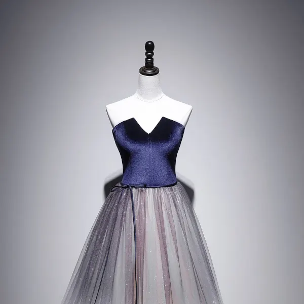 Elegant Kongeblå Suede Selskapskjoler 2020 Prinsesse Kjæreste Uten Ermer Sash Glitter Tyll Lange Buste Ryggløse Formelle Kjoler
