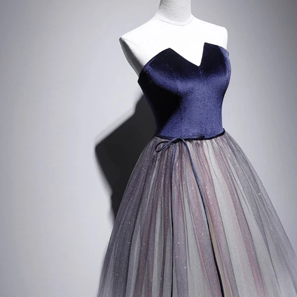 Elegant Kongeblå Suede Selskapskjoler 2020 Prinsesse Kjæreste Uten Ermer Sash Glitter Tyll Lange Buste Ryggløse Formelle Kjoler