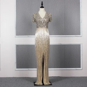 Luxe Doré Robe De Soirée 2020 Trompette Sirène Col V Profond Manches Courtes Ceinture Fait Main Perlage Gland Longue Volants Robe De Ceremonie