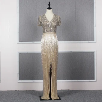 Luxe Doré Robe De Soirée 2020 Trompette Sirène Col V Profond Manches Courtes Ceinture Fait Main Perlage Gland Longue Volants Robe De Ceremonie