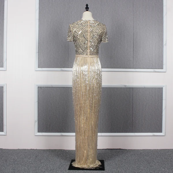 Luxury / Gorgeous Gold Evening Dresses  2020 Trumpet / Mermaid Deep V-Neck Short Sleeve Sash Handmade  Beading Tassel Floor-Length / Long Ruffle Formal Dresses
