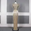 Luxury / Gorgeous Gold Evening Dresses  2020 Trumpet / Mermaid Deep V-Neck Short Sleeve Sash Handmade  Beading Tassel Floor-Length / Long Ruffle Formal Dresses