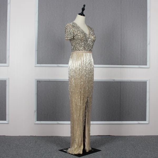 Luxury / Gorgeous Gold Evening Dresses  2020 Trumpet / Mermaid Deep V-Neck Short Sleeve Sash Handmade  Beading Tassel Floor-Length / Long Ruffle Formal Dresses