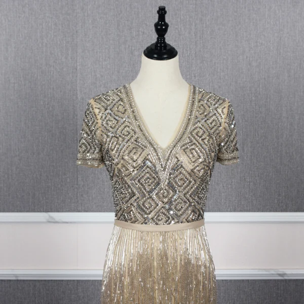 Luxury / Gorgeous Gold Evening Dresses  2020 Trumpet / Mermaid Deep V-Neck Short Sleeve Sash Handmade  Beading Tassel Floor-Length / Long Ruffle Formal Dresses