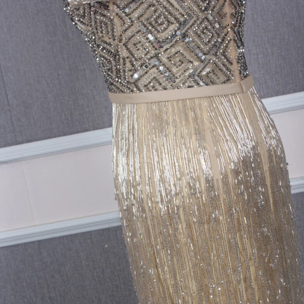 Luxury / Gorgeous Gold Evening Dresses  2020 Trumpet / Mermaid Deep V-Neck Short Sleeve Sash Handmade  Beading Tassel Floor-Length / Long Ruffle Formal Dresses