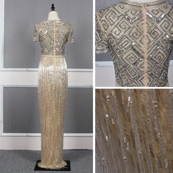 Luxury / Gorgeous Gold Evening Dresses  2020 Trumpet / Mermaid Deep V-Neck Short Sleeve Sash Handmade  Beading Tassel Floor-Length / Long Ruffle Formal Dresses