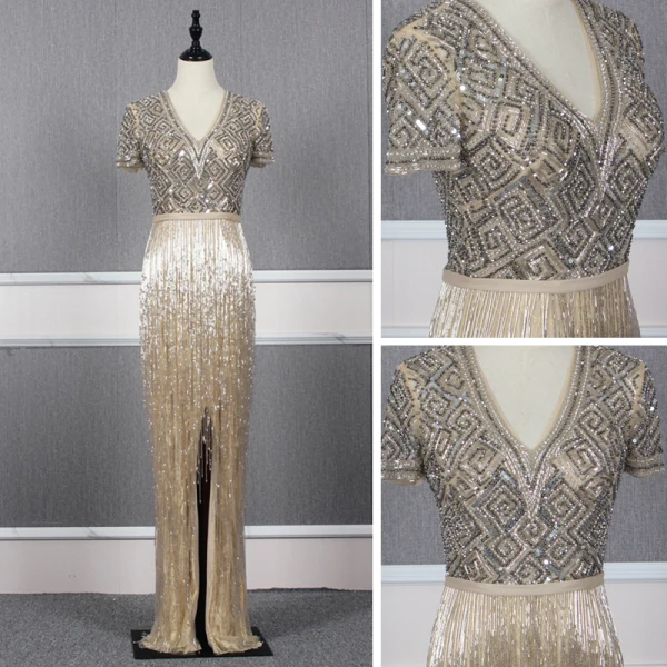 Luxury / Gorgeous Gold Evening Dresses  2020 Trumpet / Mermaid Deep V-Neck Short Sleeve Sash Handmade  Beading Tassel Floor-Length / Long Ruffle Formal Dresses
