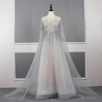 Charming Grey See Through Red Carpet Evening Dresses 2020 A Line Princess Scoop Neck Long Sleeve Beading Sweep Train Ruffle Formal Dresses