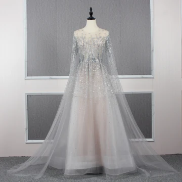 Charming Grey See Through Red Carpet Evening Dresses 2020 A Line Princess Scoop Neck Long Sleeve Beading Sweep Train Ruffle Formal Dresses