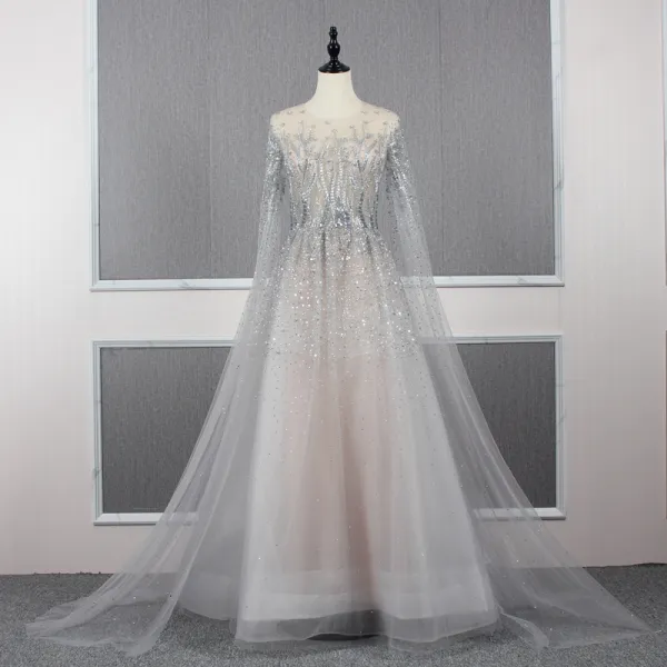 Charming Grey See-through Red Carpet Evening Dresses  2020 A-Line / Princess Scoop Neck Long Sleeve Beading Sweep Train Ruffle Formal Dresses
