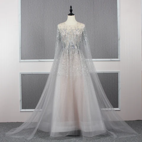 Encantador Gris Transparentes Alfombra roja Vestidos de noche 2020 A-Line / Princess Scoop Escote Manga Larga Rebordear Colas De Barrido Ruffle Vestidos Formales