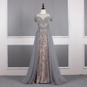 High End Grey Champagne See Through Evening Dresses 2020 A Line Princess Scoop Neck Short Sleeve Handmade Beading Sweep Train Ruffle Formal Dresses
