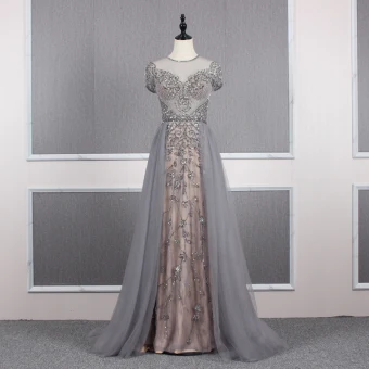 High End Grey Champagne See Through Evening Dresses 2020 A Line Princess Scoop Neck Short Sleeve Handmade Beading Sweep Train Ruffle Formal Dresses