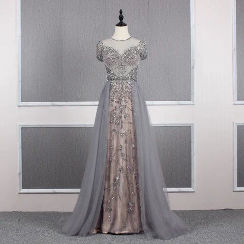 Gama Alta Gris Champán Transparentes Vestidos de noche 2020 A-Line / Princess Scoop Escote Manga Corta Hecho a mano Rebordear Colas De Barrido Ruffle Vestidos Formales