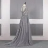 High-end Grey Champagne See-through Evening Dresses  2020 A-Line / Princess Scoop Neck Short Sleeve Handmade  Beading Sweep Train Ruffle Formal Dresses