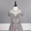 High-end Grey Champagne See-through Evening Dresses  2020 A-Line / Princess Scoop Neck Short Sleeve Handmade  Beading Sweep Train Ruffle Formal Dresses