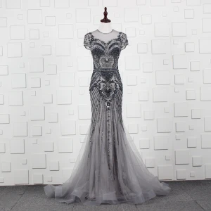 High End Grey See Through Evening Dresses 2020 A Line Princess Scoop Neck Short Sleeve Handmade Beading Sweep Train Ruffle Formal Dresses