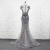 High-end Grey See-through Evening Dresses  2020 A-Line / Princess Scoop Neck Short Sleeve Handmade  Beading Sweep Train Ruffle Formal Dresses