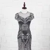 High-end Grey See-through Evening Dresses  2020 A-Line / Princess Scoop Neck Short Sleeve Handmade  Beading Sweep Train Ruffle Formal Dresses