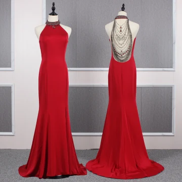 Mode Rouge Transparentes Robe De Soirée 2020 Trompette Sirène Encolure Dégagée Sans Manches Perlage Train De Balayage Volants Robe De Ceremonie