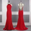 Fashion Red See-through Evening Dresses  2020 Trumpet / Mermaid Scoop Neck Sleeveless Beading Sweep Train Ruffle Formal Dresses