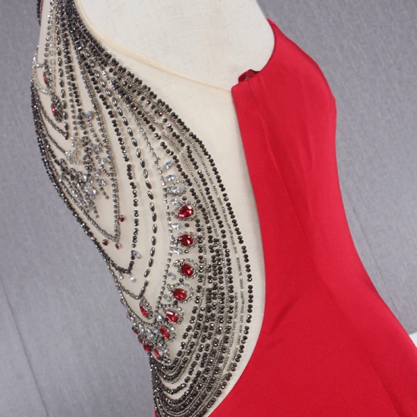 Fashion Red See-through Evening Dresses  2020 Trumpet / Mermaid Scoop Neck Sleeveless Beading Sweep Train Ruffle Formal Dresses