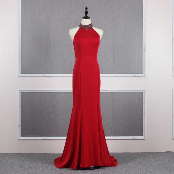 Fashion Red See-through Evening Dresses  2020 Trumpet / Mermaid Scoop Neck Sleeveless Beading Sweep Train Ruffle Formal Dresses