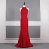 Mode Rouge Transparentes Robe De Soirée 2020 Trompette / Sirène Encolure Dégagée Sans Manches Perlage Train De Balayage Volants Robe De Ceremonie