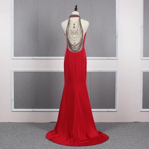 Fashion Red See-through Evening Dresses  2020 Trumpet / Mermaid Scoop Neck Sleeveless Beading Sweep Train Ruffle Formal Dresses
