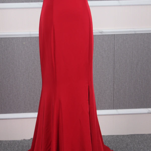 Fashion Red See-through Evening Dresses  2020 Trumpet / Mermaid Scoop Neck Sleeveless Beading Sweep Train Ruffle Formal Dresses