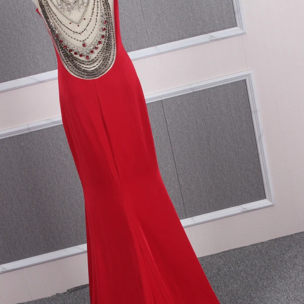 Fashion Red See-through Evening Dresses  2020 Trumpet / Mermaid Scoop Neck Sleeveless Beading Sweep Train Ruffle Formal Dresses