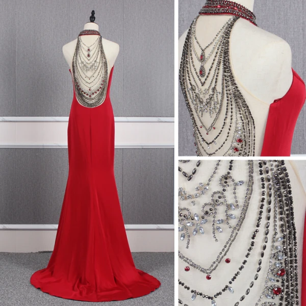 Fashion Red See-through Evening Dresses  2020 Trumpet / Mermaid Scoop Neck Sleeveless Beading Sweep Train Ruffle Formal Dresses