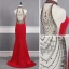 Fashion Red See-through Evening Dresses  2020 Trumpet / Mermaid Scoop Neck Sleeveless Beading Sweep Train Ruffle Formal Dresses