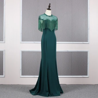 Élégant Vert Foncé Transparentes Robe De Soirée 2020 Princesse Encolure Dégagée Mancherons Perlage Gland Train De Balayage Volants Dos Nu Robe De Ceremonie