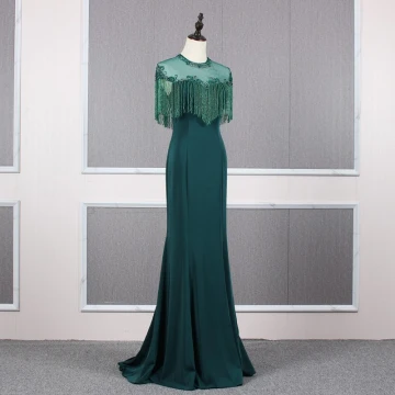 Elegant Dark Green See Through Evening Dresses 2020 A Line Princess Scoop Neck Cap Sleeves Beading Tassel Sweep Train Ruffle Backless Formal Dresses