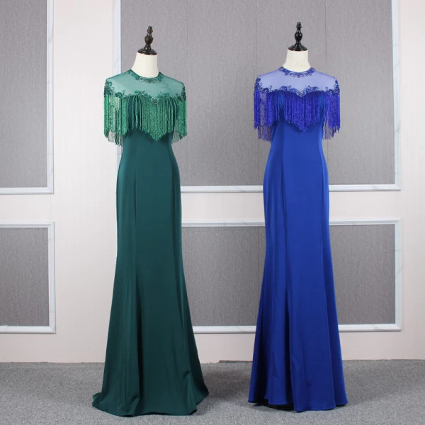 Élégant Vert Foncé Transparentes Robe De Soirée 2020 Princesse Encolure Dégagée Mancherons Perlage Gland Train De Balayage Volants Dos Nu Robe De Ceremonie