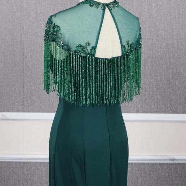 Élégant Vert Foncé Transparentes Robe De Soirée 2020 Princesse Encolure Dégagée Mancherons Perlage Gland Train De Balayage Volants Dos Nu Robe De Ceremonie