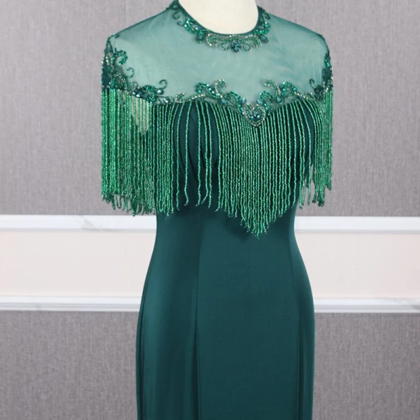 Élégant Vert Foncé Transparentes Robe De Soirée 2020 Princesse Encolure Dégagée Mancherons Perlage Gland Train De Balayage Volants Dos Nu Robe De Ceremonie