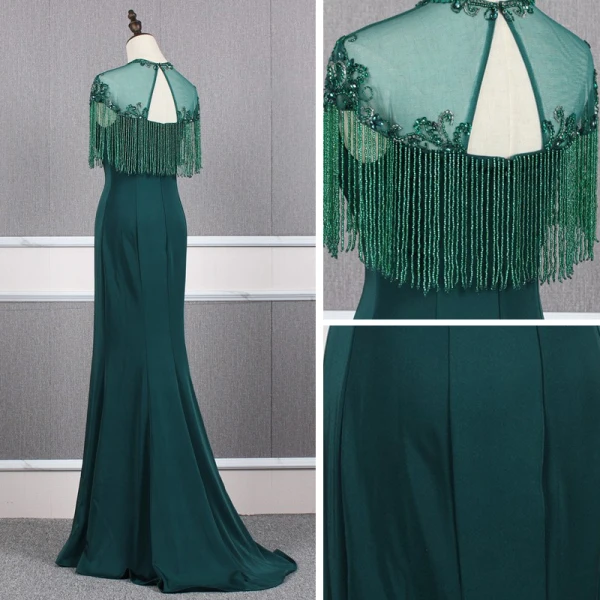Élégant Vert Foncé Transparentes Robe De Soirée 2020 Princesse Encolure Dégagée Mancherons Perlage Gland Train De Balayage Volants Dos Nu Robe De Ceremonie