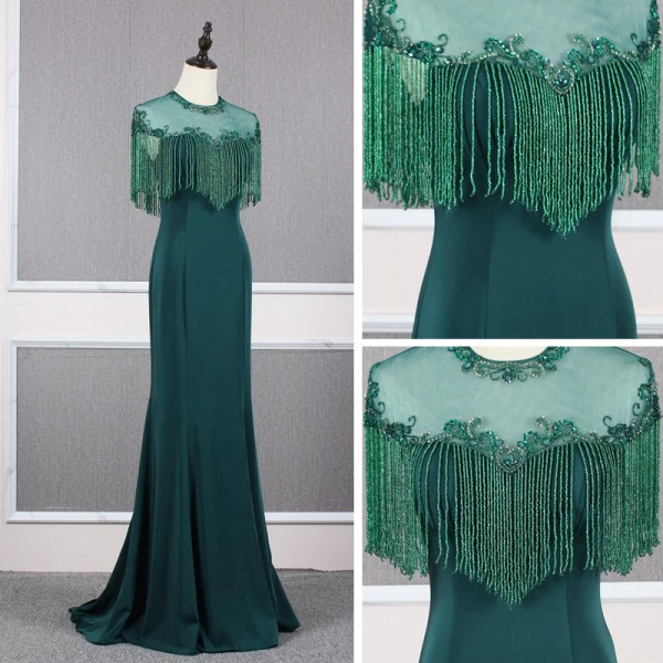 Élégant Vert Foncé Transparentes Robe De Soirée 2020 Princesse Encolure Dégagée Mancherons Perlage Gland Train De Balayage Volants Dos Nu Robe De Ceremonie