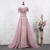 High-end See-through Candy Pink Evening Dresses  2020 A-Line / Princess Scoop Neck Cap Sleeves Rhinestone Beading Tassel Sash Sweep Train Ruffle Formal Dresses